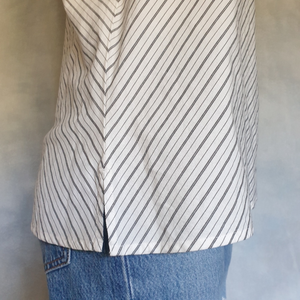 BP. Black & White Pinstripe Split Long Sleeve One Shoulder Dress Blouse Sz XXS - Picture 7 of 16